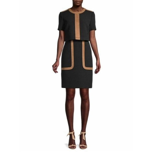 Toccin Women's 12 Two-Tone Faux Suede Short Sleeve Overlay Dress Black Sheath - Picture 8 of 12